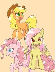 Size: 787x1024 | Tagged: safe, artist:limply_swamp, applejack, fluttershy, pinkie pie, bat pony, pony, g4, flutterbat, race swap, simple background, trio