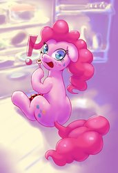 Size: 1232x1800 | Tagged: safe, artist:limply_swamp, pinkie pie, earth pony, pony, g4, cake, caught, eating, exclamation point, female, food, looking at you, looking back, looking back at you, refrigerator, sitting, solo, turned head