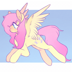 Size: 540x540 | Tagged: safe, artist:intheattic, fluttershy, pegasus, pony, g4, female, flying, looking down, mare, profile, simple background, solo, spread wings, wings