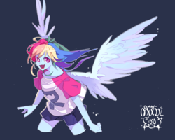 Size: 1184x946 | Tagged: safe, artist:dusty-munji, rainbow dash, equestria girls, g4, anime, female, looking away, open mouth, smiling, solo, spread wings, winged humanization, wings