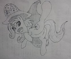 Size: 1024x853 | Tagged: safe, artist:limply_swamp, trixie, pony, g4, cape, clothes, female, hat, looking at you, monochrome, sketch, solo, traditional art, trixie's cape, trixie's hat