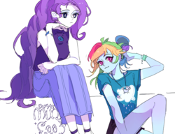 Size: 771x592 | Tagged: safe, artist:dusty-munji, rainbow dash, rarity, equestria girls, g4, :3, clothes, duo, long hair, ponytail, shorts, simple background, skirt, white background