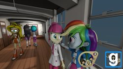 Size: 1191x670 | Tagged: safe, artist:empireoftime, dj pon-3, majorette, octavia melody, rainbow dash, sweeten sour, vinyl scratch, oc, equestria girls, g4, 3d, chica, crossover, downloadable, five nights at freddy's, gmod, source filmmaker, source filmmaker resource