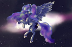 Size: 2580x1717 | Tagged: safe, artist:dumddeer, princess luna, alicorn, pony, g4, female, moon, solo, space