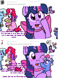 Size: 900x1200 | Tagged: safe, artist:justagirlonline, pinkie pie, trixie, twilight sparkle, oc, pony, ask cute twinkie pie, g4, boop, female, lesbian, magical lesbian spawn, offspring, parent:trixie, parent:twilight sparkle, parents:twixie, ship:twinkie, ship:twixie, shipping