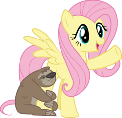 Size: 5167x5000 | Tagged: safe, artist:lorthiz, fluttershy, lola the sloth, pony, sloth, fluttershy leans in, g4, absurd resolution, cute, open mouth, raised hoof, shyabetes, simple background, spread wings, transparent background, vector, wings