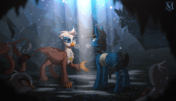 Size: 1737x1000 | Tagged: safe, artist:margony, oc, oc only, griffon, pegasus, pony, fanfic:where the heart lies, cavern, commission, duo, male, smiling, stallion, sunlight