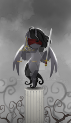 Size: 600x1036 | Tagged: safe, artist:gashiboka, alicorn, pony, blindfold, everfree tarot, justice, justitia, lady justice (goddess), major arcana, scales, scales of justice, solo, sword, tarot, tarot card, watermark, weapon