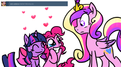 Size: 900x500 | Tagged: safe, artist:justagirlonline, pinkie pie, princess cadance, twilight sparkle, pony, ask cute twinkie pie, g4, female, lesbian, ship:twinkie, shipping