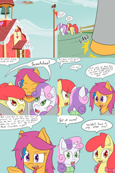 Size: 1600x2400 | Tagged: safe, artist:jake heritagu, apple bloom, scootaloo, sweetie belle, earth pony, pony, comic:ask motherly scootaloo, g4, clothes, comic, hairpin, motherly scootaloo, school, scootaloo can fly, sweatshirt