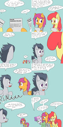 Size: 1600x3200 | Tagged: safe, artist:jake heritagu, apple bloom, rumble, scootaloo, sweetie belle, earth pony, pony, comic:ask motherly scootaloo, g4, clothes, comic, hairpin, motherly scootaloo, sweatshirt