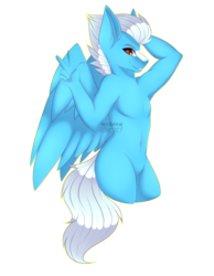 Size: 4200x5400 | Tagged: safe, artist:pinkxei, oc, oc only, oc:arctic breeze, pegasus, anthro, absurd resolution, arm behind head, armpits, barbie doll anatomy, featureless crotch, male, nudity, peace sign, simple background, solo, transparent background