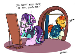 Size: 2215x1587 | Tagged: safe, artist:bobthedalek, starlight glimmer, sunburst, pony, unicorn, g4, beanie, bonk, cloak, clothes, duo, equestria girls outfit, eyes closed, female, frown, glasses, hat, male, mare, mirror, open mouth, raised hoof, simple background, stallion, sunburst's cloak, sunburst's glasses, wavy mouth, white background, wide eyes