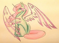 Size: 1024x755 | Tagged: safe, artist:oneiria-fylakas, oc, oc only, pony, unicorn, artificial wings, augmented, female, magic, magic wings, mare, sitting, solo, traditional art, wings