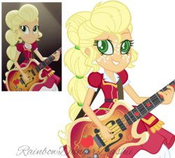 Size: 1024x926 | Tagged: safe, artist:bezziie, applejack, equestria girls, g4, base used, clothes, colored pupils, dress, female, guitar, simple background, solo, transparent background