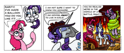 Size: 973x417 | Tagged: safe, artist:gingerfoxy, pinkie pie, rarity, twilight sparkle, alicorn, earth pony, pony, unicorn, pony comic generator, g4, balloon, comic, marshmelodrama, twilight sparkle (alicorn)