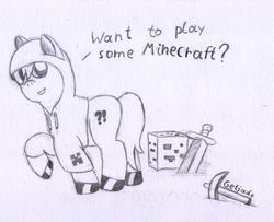 Size: 1744x1419 | Tagged: safe, artist:geljado, oc, oc only, earth pony, pony, clothes, hoodie, minecraft, monochrome, ore, pickaxe, shiny hooves, solo, sword, weapon