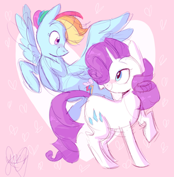 Size: 3580x3640 | Tagged: safe, artist:yerrgat, rainbow dash, rarity, pegasus, pony, unicorn, g4, duo, female, heart, high res, lesbian, ship:raridash, shipping