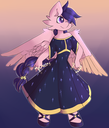 Size: 2235x2626 | Tagged: safe, artist:fluffleduckle, oc, oc only, oc:night flush, pegasus, anthro, unguligrade anthro, clothes, dress, high res, simple background, solo, stars