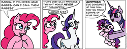 Size: 924x357 | Tagged: safe, artist:gingerfoxy, pinkie pie, rarity, twilight sparkle, oc, alicorn, earth pony, pony, unicorn, pony comic generator, g4, comic, dialogue, female, filly, foal, magical lesbian spawn, mare, offspring, parent:pinkie pie, parent:rarity, parents:raripie, simple background, speech bubble, twilight sparkle (alicorn), white background