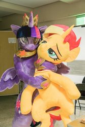 Size: 640x960 | Tagged: safe, artist:brownedtoast, sunset shimmer, twilight sparkle, alicorn, human, unicorn, g4, fursuit, irl, irl human, lidded eyes, life size, photo, plushie, taiwan ponycon, twilight sparkle (alicorn)