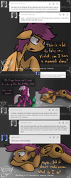 Size: 1500x3750 | Tagged: safe, artist:conmanwolf, scootaloo, oc, oc:green, oc:violet, pegasus, pony, ask factory scootaloo, fanfic:rainbow factory, g4, comic, factory scootaloo, recording