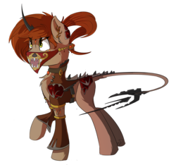 Size: 2571x2409 | Tagged: safe, artist:beardie, oc, oc only, hybrid, kirin, assassin, clothes, ear piercing, female, high res, mask, piercing, raised hoof, solo, spiked tail