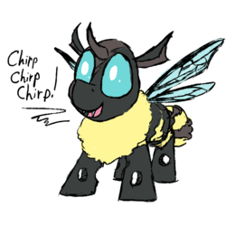 Size: 600x600 | Tagged: safe, artist:thebathwaterhero, oc, oc only, oc:buddy, bee, beeling, changeling, nymph, changeling oc, chirping, cute, cute bug noises, cuteling, cyoa, fangs, fluffy, happy, insect wings, open mouth, simple background, smiling, solo, transparent background, yellow changeling