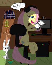 Size: 2082x2592 | Tagged: safe, artist:sb1991, angel bunny, fluttershy, pony, rabbit, g4, animal, birdcage, chair, computer, computer mouse, crying, dialogue, fluttershy plays, fluttershy's cottage, fluttershy's cottage (interior), gamershy, headset, high res, night, nintendo ds, nintendogs, pet bowl, sitting, story included, tears of joy, text, vannamelon, webcam