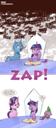 Size: 1079x2438 | Tagged: safe, artist:saturdaymorningproj, spike, starlight glimmer, trixie, twilight sparkle, dragon, g4, book, comic, cup, derp, female, frown, micro, shrunk, table, teacup, tiny ponies, unamused