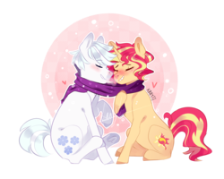 Size: 1500x1200 | Tagged: safe, artist:kraytt-05, double diamond, sunset shimmer, earth pony, pony, unicorn, equestria girls, g4, clothes, crack shipping, cute, doubleset, eyes closed, female, male, mare, raised hoof, scarf, shared clothing, shared scarf, shipping, sitting, smiling, stallion, straight