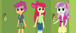 Size: 1600x706 | Tagged: safe, artist:thomaszoey3000, apple bloom, scootaloo, sweetie belle, equestria girls, g4, apple bloom's bow, bow, cutie mark crusaders, female, hair bow