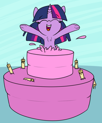 Size: 833x1000 | Tagged: safe, artist:lockheart, twilight sparkle, pony, g4, armpits, birthday, cake, candle, chest fluff, eyes closed, female, food, happy, open mouth, popping out of a cake, simple background, solo