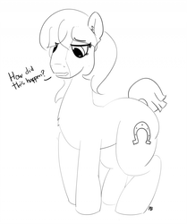 Size: 1280x1529 | Tagged: safe, artist:pabbley, trouble shoes, earth pony, pony, g4, 30 minute art challenge, dialogue, implied transformation, monochrome, rule 63, simple background, solo, troubleheels clara, white background