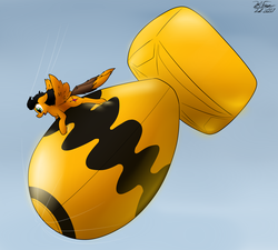 Size: 2931x2640 | Tagged: safe, artist:the-furry-railfan, oc, oc only, oc:twintails, pegasus, pony, atomic bomb, bomb, dr. strangelove, falling, fat man (bomb), grin, high res, inflatable, inflatable toy, nagasaki, nuclear weapon, p 235, pool toy, riding a bomb, smiling, story included, this will end in balloons, this will end in explosions, weapon