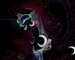 Size: 1500x1200 | Tagged: safe, artist:candasaurus, nightmare moon, alicorn, pony, g4, female, glowing eyes, grin, mare, smiling, solo, spread wings, wings