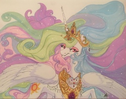 Size: 1280x1011 | Tagged: safe, artist:candasaurus, princess celestia, alicorn, pony, g4, female, jewelry, mare, modified accessory, raised hoof, smiling, solo, spread wings, traditional art, wings