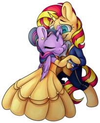 Size: 3823x4651 | Tagged: safe, artist:cutepencilcase, sunset shimmer, twilight sparkle, alicorn, pony, unicorn, g4, absurd resolution, beauty and the beast, clothes, commission, cute, disney, dress, female, lesbian, mare, shimmerbetes, ship:sunsetsparkle, shipping, simple background, transparent background, twiabetes, twilight sparkle (alicorn)