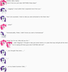 Size: 808x861 | Tagged: safe, artist:dziadek1990, pinkie pie, rarity, g4, compliment, conversation, dialogue, emote story, emotes, female, negging, reddit, slice of life, text