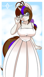 Size: 900x1575 | Tagged: safe, artist:kloudmutt, oc, oc only, oc:crystal lens, unicorn, anthro, adjusting glasses, anthro oc, big breasts, bow, breasts, clothes, cute, dress, female, glasses, looking at you, mare, round glasses, simple background, smiling