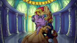 Size: 7717x4339 | Tagged: safe, artist:cutepencilcase, sunset shimmer, twilight sparkle, alicorn, pony, unicorn, g4, absurd resolution, beauty and the beast, clothes, commission, crossover, cute, dancing, disney, dress, female, lesbian, mare, shimmerbetes, ship:sunsetsparkle, shipping, smiling, twiabetes, twilight sparkle (alicorn)
