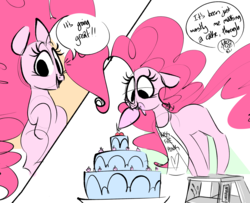 Size: 2587x2096 | Tagged: safe, artist:hattsy, pinkie pie, earth pony, pony, g4, 4chan, apron, cake, clothes, comic, dialogue, female, food, high res, ladder, mare, mouth hold, solo, speech bubble