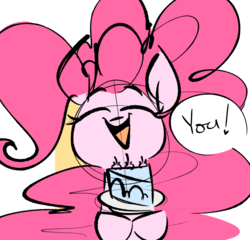 Size: 2214x2126 | Tagged: safe, artist:hattsy, pinkie pie, earth pony, pony, g4, 4chan, apron, cake, clothes, dialogue, eyes closed, female, food, high res, mare, open mouth, plate, smiling, solo, speech bubble