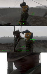 Size: 1366x2164 | Tagged: safe, anthro, 3d, fallout 4, personal space invasion, preston garvey, reaction