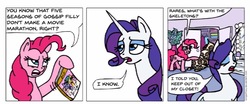 Size: 955x396 | Tagged: safe, artist:gingerfoxy, pinkie pie, rarity, earth pony, pony, skeleton pony, unicorn, pony comic generator, g4, bone, closet, clothes, comic, dresser, dvd, flower, mirror, skeleton, vase