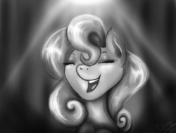 Size: 1280x970 | Tagged: safe, artist:zomixnu, earth pony, pony, bust, eyes closed, female, gray, grayscale, mare, monochrome, open mouth, shine, singing, solo