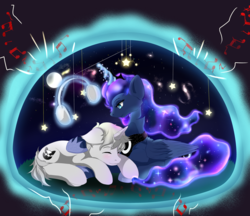 Size: 3006x2600 | Tagged: safe, artist:nihithebrony, princess luna, oc, pony, g4, cute, duo, eyes closed, headphones, high res, magic bubble, moon, music notes, requested art, sleeping, stars