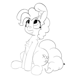 Size: 1280x1400 | Tagged: safe, artist:pabbley, pinkie pie, earth pony, pony, g4, 30 minute art challenge, chest fluff, female, impossibly large ears, lineart, mare, monochrome, open mouth, simple background, sitting, solo, white background