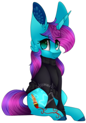 Size: 1304x1873 | Tagged: safe, artist:alithecat1989, oc, oc only, oc:artsy splash, pony, unicorn, clothes, female, mare, simple background, sitting, solo, sweater, transparent background