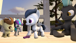 Size: 3840x2160 | Tagged: safe, artist:viranimation, pound cake, princess flurry heart, rumble, thunderlane, pony, g4, 3d, babysitting, female, high res, hoof sucking, male, outdoors, ship:poundflurry, shipping, source filmmaker, straight, toy car